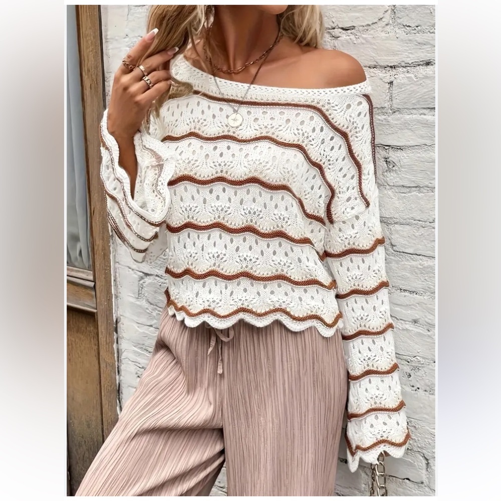 NWOT SHEIN LUNE Striped Pattern Drop Shoulder Pointelle Knit Top